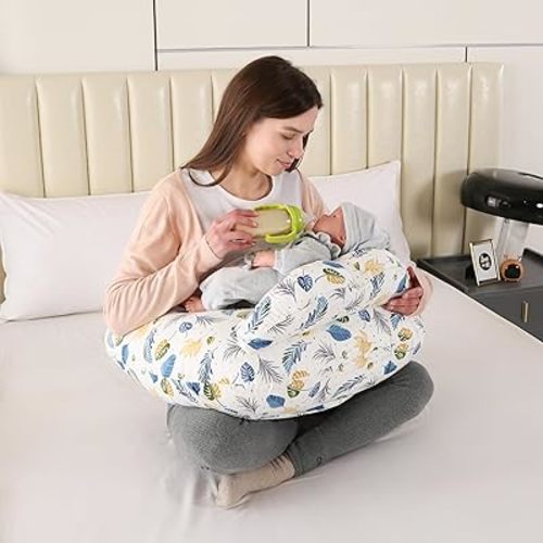 Nursing Pillow for Breastfeeding,Ergonomic Baby Feeding Pillows with Removable Washable Cotton Slipcover, Adjustable Waist Strap,Plus Size,More Support for Mom and Baby(Blue Leaf)