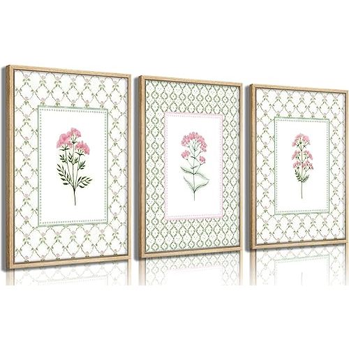 3Pcs Pink Green Floral Wall Art Wildflower Baby Room Painting Picture Wall Decor Pastel Botanical Poster Print Artwork for Bedroom Living Room Girls Bedroom Nursery Dining Room Home Decoration