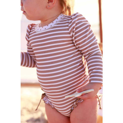Long Sleeve Rash Guard With Ruffle Bottom | Sandy Stripes