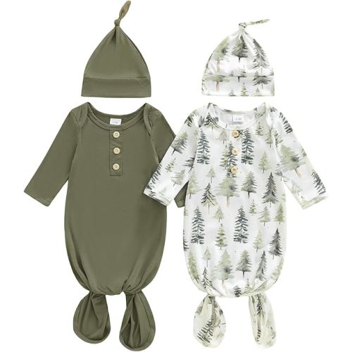 woshilaocai 2 Pack Baby Boy Girl Gown Newborn Knotted Nightgown and Hat Set