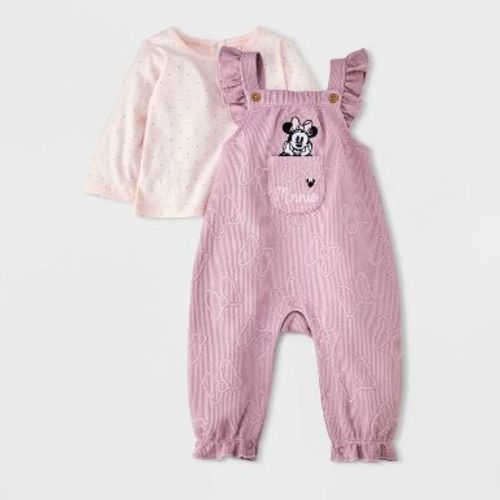 Baby Girls' 2pc Disney Minnie Mouse Long Sleeve T-Shirt & Embossed Overalls Set - Pink 0-3M