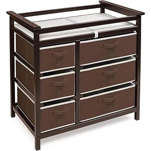 Badger Basket Modern Baby Changing Table with 6 Storage Drawers and Pad, Diaper Change Station - Espresso