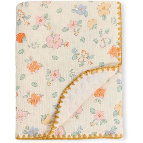 Baby Swaddel Blanket Cotton Muslin Thick Crib Bedding Dotted Backing Double Layer Receiving Blanket 40"x40" (Strawberry Flower)