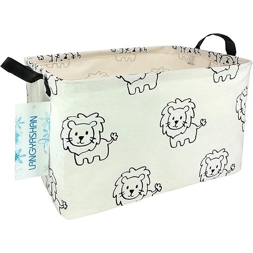 LANGYASHAN Rectangular Storage Bin Collapse Canvas Fabric Cartoon Storage Basket with Handles for Organizing Home Kitchen Boys and Girls Toys Office Closet Shelf Baskets (Rec lion)