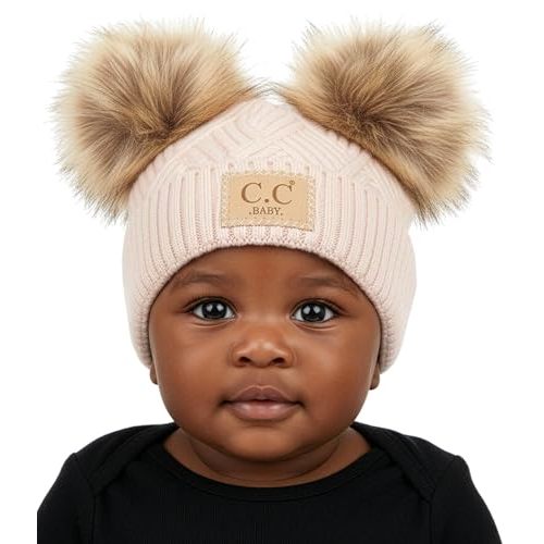 Funky Junque Double Pom Pom Baby Beanie – Newborn Girl Winter Hat 0–12 Months, Cute Cozy Knit Infant Beanies for Cold Weather