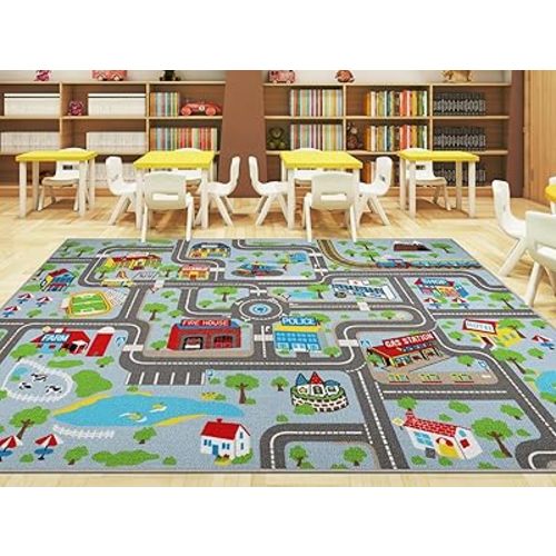 Capslpad Kids Rug Educational Learning Rug 6.6' x 9.8' Classroom Carpet Traffic Road Kid Play Car Mat Large Game Area Rugs Carpet for Playroom Elementary Preshool,Sky Blue