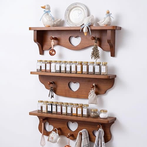 Set of 3 Rustic Wooden Wall Shelves with Heart Cutout and Peg Hooks, Natural Walnut Mounted Storage Display Rack for Entryway Bathroom Bedroom Kitchen Cottage Home Decor