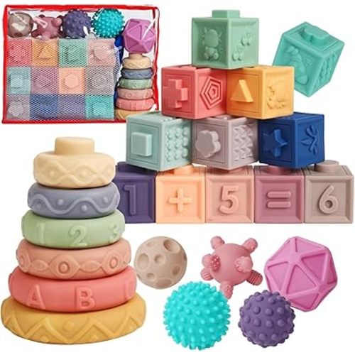 Montessori Baby Blocks – Soft Sensory Stacking Toys for Infants 6-12 Months, Educational Building Blocks for Toddlers 1-3, Non-Toxic Bath & Teething Toys (24-Piece Set)