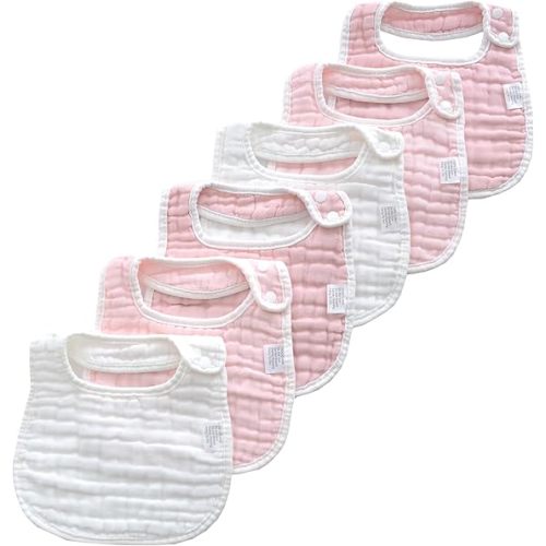 MUKIN Baby Muslin Bibs and Burp Cloths, 6 Pack, Soft Absorbent Cotton, Adjustable