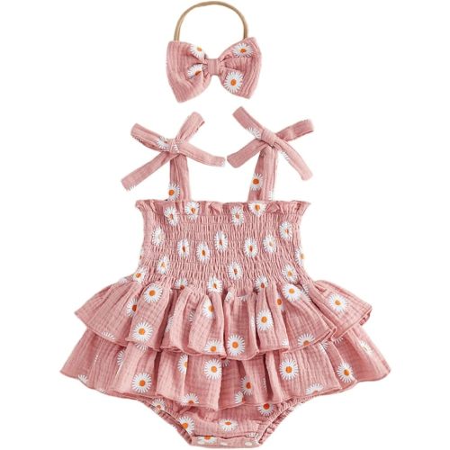 MERSARIPHY Newborn Baby Girl Clothes Set Summer Outfit Sleeveless Halter Tulle Ruffle Smocked Romper Dress One Piece Bodysuit