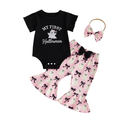 Baby Girl Halloween Outfit Pumpkin Ghost Romper And Flare Pants Set | My First Halloween Baby Girl Outfit Newborn Cutest Little Pumpkin Romper Pumpkin Ghost Bell Bottom Pants 3pcs Fall Clothes