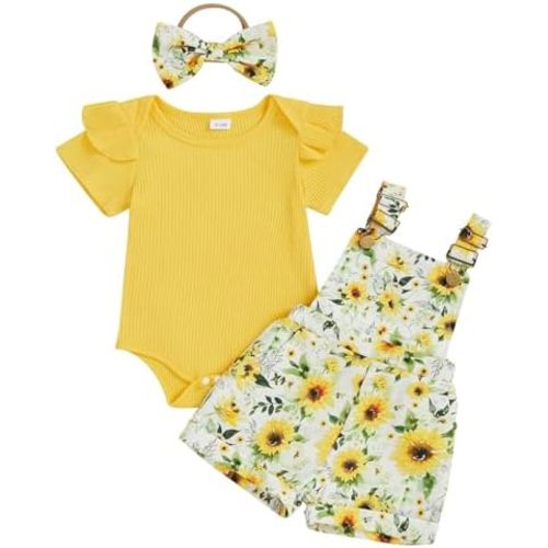 Toddler Baby Girl Overalls Clothes Ribbed Ruffle Sleeve Romper Top Daisy Suspender Jumpsuit Shortall Summer Outfit