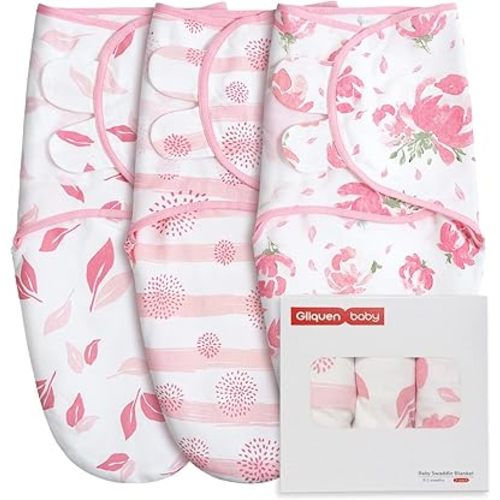 GLLQUEN BABY Girl Swaddles 0-3 Months - 3 Pack Baby Swaddle Sack for Newborn, Infant Sleep Sack, Easy Swaddle Wrap, A Pink Florals, Nursery Swaddle Blankets Essentials