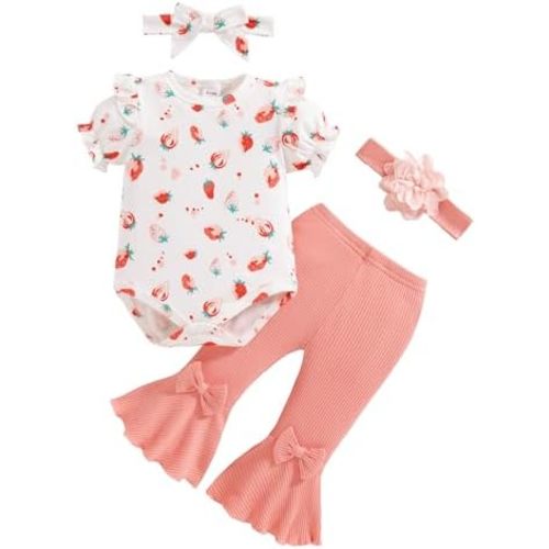 Vibebox Baby Girl Clothes Newborn Preemie Summer Outfits Short Sleeve Ruffle Romper Tops Bell Bottoms Pant Sets with Headband