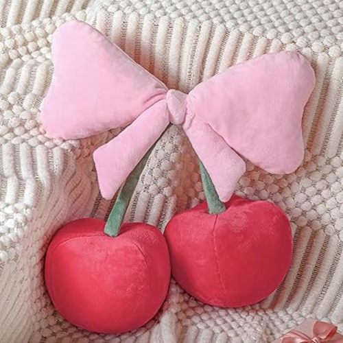 Beeveer Bow Cherry Throw Pillow Aesthetic Cute Coquette Room Decor Funny Preppy Stuff Gifts for Teen Girl Bedroom Living Room Sofa Bed Chair Decoration(Dark Red,Small)