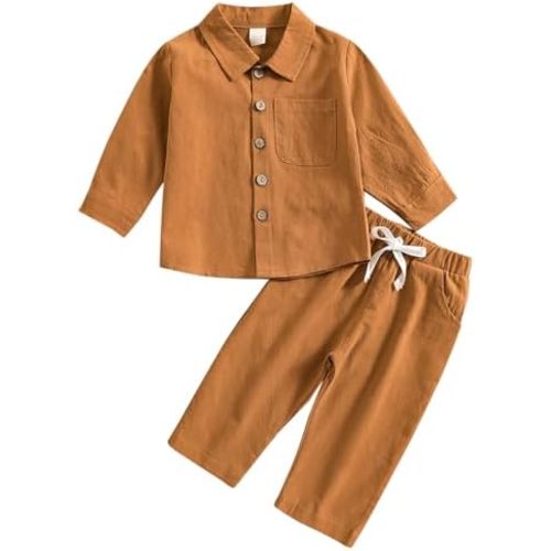 ACESTAR Toddler Baby Boys 2 Pieces Cotton Linen Set Long Sleeve Button Down Shirt Casual Pants Sets Spring Fall Outfits
