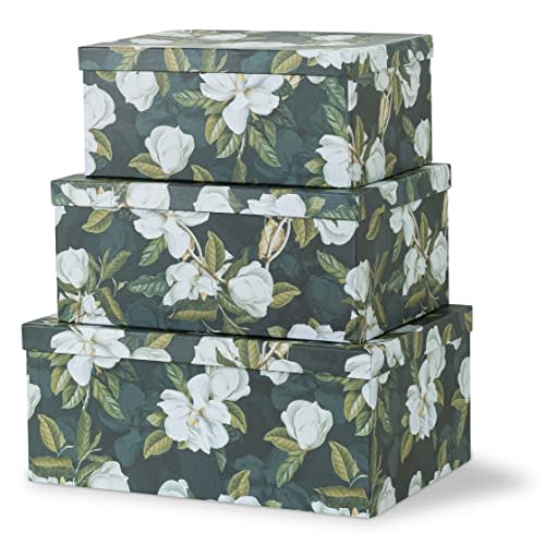 Soul & Lane Decorative Storage Cardboard Boxes with Lids | Midnight Gardenia - Set of 3 | Black Dramatic Paperboard Nesting Boxes