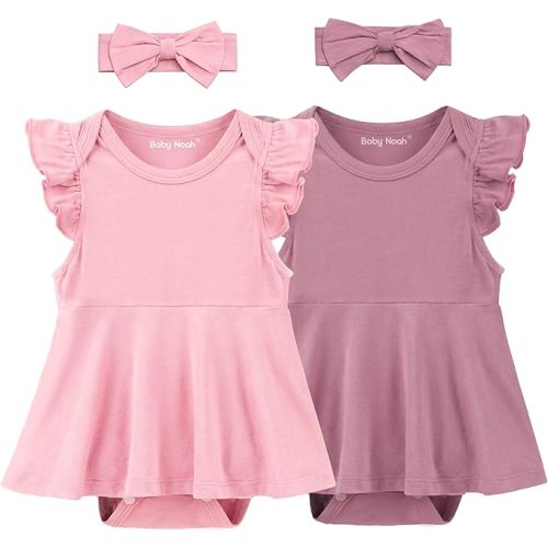 2 Pack Baby Girl Bodysuit Flutter Sleeves Dress, Cute Ruffle Romper Outfit with Headband, Newborn Infant Pajamas 0-12 Months