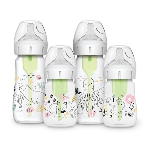 Dr. Brown’s Natural Flow® Anti-Colic Options+™ Wide-Neck Baby Bottle Designer Edition Bottles, Ocean and Woodland Design, 9 oz and 5oz, Level 1 Nipple, 4-Pack, 0m+