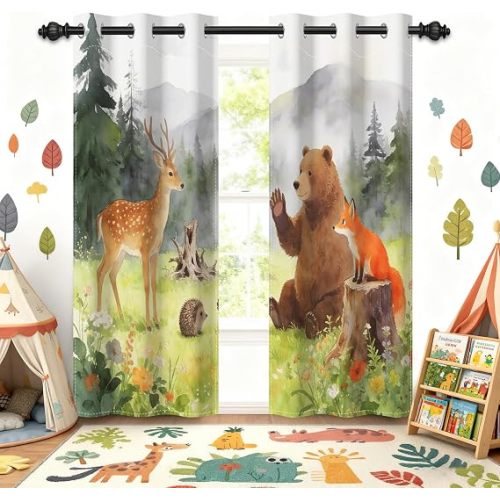 Watercolor Forest Floral Animal Print Nursery Blackout Curtains for Kids Room, Deer Bear Fox Hedgehog Grommet Window Drapes Darkening Curtains for Living Room Bedroom 2 Panels Set, 42x84 Inch