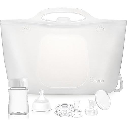 Silicone Travel Bottle Sterilizer Bags | 2000ml Microwave Steam Sterilizer Bags for Baby Bottles, Breast Pump & Pacifiers, Reusable Steam Sterilizing Bags for Travel and Home Use (Clear Milk White)