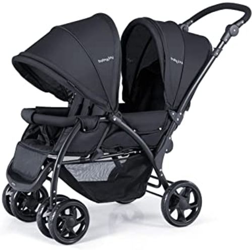 BABY JOY Double Stroller, Foldable Lightweight Twin Stroller with Tandem Seating, Adjustable Backrest/Canopy/Footrest, 5-Point Harness, Storage Basket, Newborn and Toddler (Black)