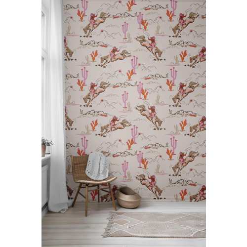 Vintage Western Cowgirl Peel and Stick Wallpaper, Pink Cowgirl Wallpaper Western, Room Decor Wild West Mural Cactus, Wall Art Rodeo Decor