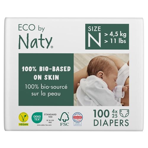 Eco by Naty Eco-Friendly Baby Diapers Newborn - 100% Plant-Based Materials on Skin, Extra Soft, for Sensitive Skin & Super Absorbent (Size N, 100 Count)