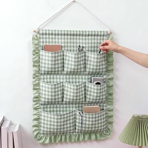 Amyhill Gingham Wall Hanging Organizer with Pocket Ruffled, Sage Green