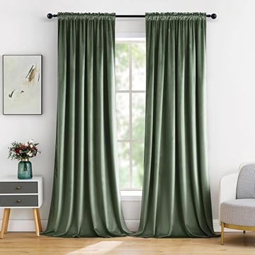 MIULEE Sage Green Blackout Velvet Curtains Drapes 84 Inch Long 52"x84"