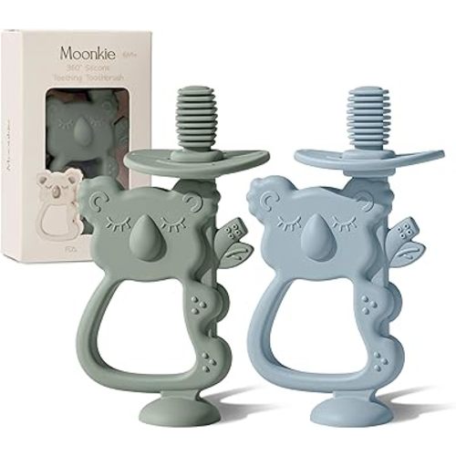 Moonkie Teething Toy Set of 2, Safe & Easy to Hold BPA Free Silicone Teethers, 360° Baby Toothbrush with Suction Base, Teether Toys Best for Babies 6-12 Months (Koala Ether/Sage)