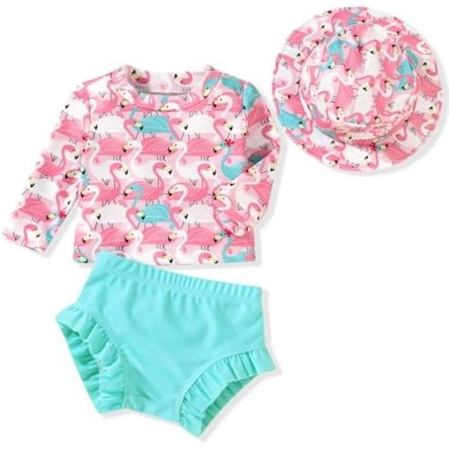 HINTINA Newborn Baby Girl Long Sleeve Swimsuit Bathing Suit with Hat