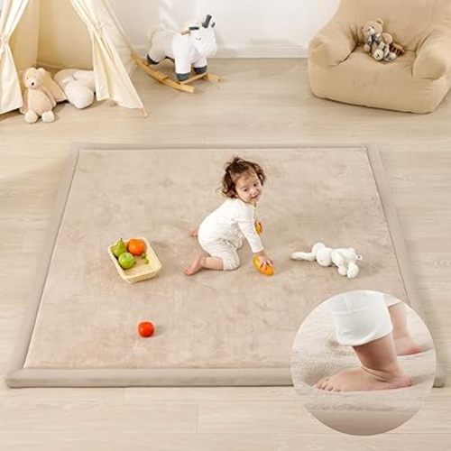 1.3" Thick Baby Play Mat for Floor, 79x79 Large Foam Tummy Time Mat, Padded Support Soft Plush Nursery Rug for Infant Kids Toddler Crawling Kick Activity (Beige)