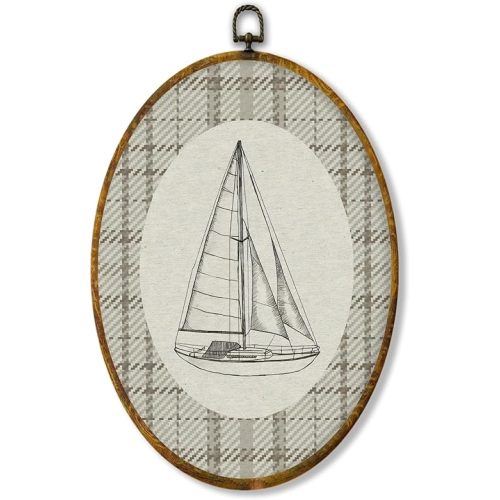 Hiuwevt Vintage Sailboat Nautical Nursery Oval Wall Art Decor, Coastal Beach Framed Canvas Prints, Neutral Ocean Beachy Oval Wall Hanging Decor for Kids Boy Room Bedroom Decorations, 8.6x11.4 Inches