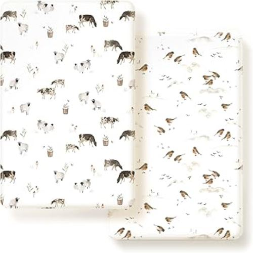 Pack n Play Sheets Fitted 2 Pack, Stretchy Ultra Soft Jersey Knit Pack and Play Sheets, Universal Fitted Portable/Mini Crib Mattresses Snug and Safe, Stylish Pattern for Boy and Girl