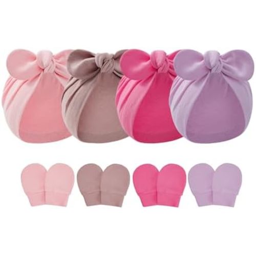 Zando 4PCS Big Bow Baby Hats and Mittens Newborn Hat Essentials Cotton Infant Hospital Hat Baby Turban for Girls Boys 0-2T