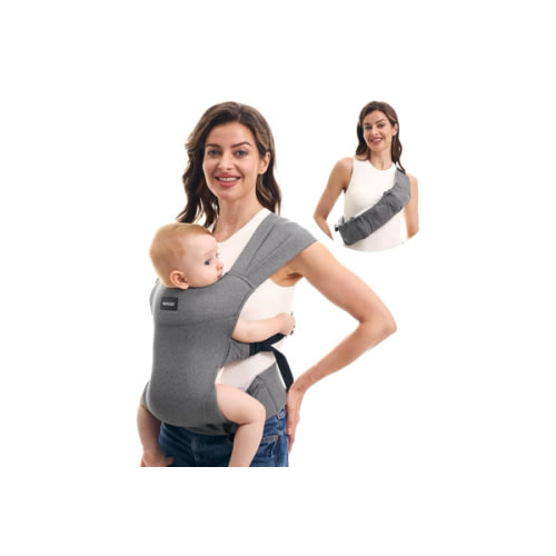 Momcozy Portable Baby Carrier – Compact & Lightweight, Adjustable for Travel, Fold & Go Convenient Storage Hip Pouch, Wide Shoulder Straps, Soft Skin-Friendly Fabric, for Babies 12–35 lbs (Grey)