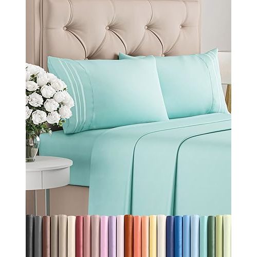 Full Size 4 Piece Sheet Set - Comfy Breathable & Cooling Bed Sheets Set - Hotel Luxury Bedding for Women, Men, Kids, Teens, Boys & Girls - Deep Pockets, Ultra-Soft, Wrinkle Free - Oeko-Tex - Spa Blue