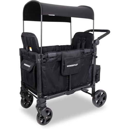 WonderFold W2 Elite Pro Stroller Wagon - Foldable Wagon with Aluminum Frame - Adjustable Canopy & Push Handle - All-Terrain Wheels - for Babies, Toddlers & Kids - 4 Seater - Jet Black