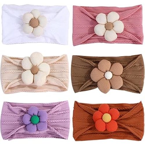 6Pcs Handmade Soft Stretchy Nylon Flower Headbands for Newborns, Toddlers, and Kids