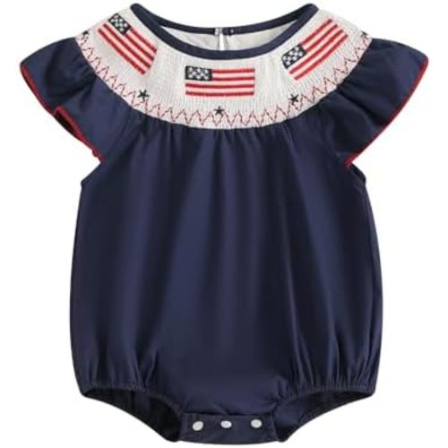 Toddler Baby Girls 4th of July Romper Cute Fly Sleeve Bubble Bodysuit Infant Flag Embroidery Summer Clothes
