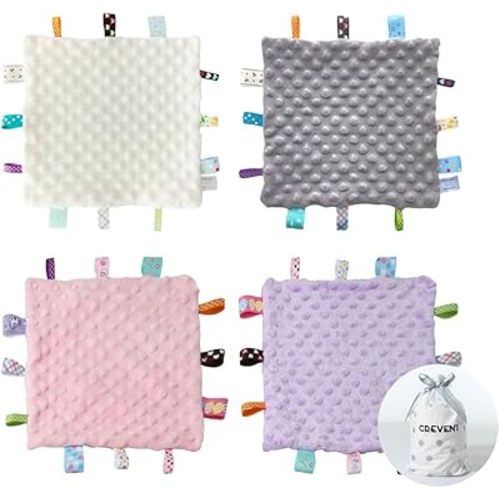 CREVENT Tag Security Blankets for Babies, Soft Small Taggie for Boys Girls, Baby Comforter Sensory Blanket, Great Gifts for Birthday Baby Shower 10"X10" (Pink+Purple+Grey+Ivory)
