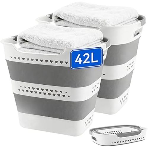 2 Pcs 42L Medium Collapsible Plastic Laundry Basket with Handles, Foldable Laundry Basket Hamper, Pop Up Storage Container Organizer for Washing Storage (Gery, 17 Inch * 13 Inch * 15 Inch)