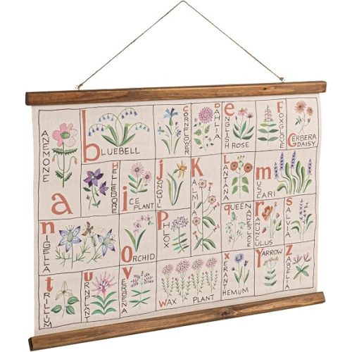 Creative Co-Op Canvas and Wood Scroll Wall Décor with ABCs of Flowers, Multicolor