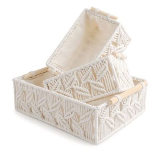 Bekrvio Macrame Storage Baskets 3PCS Set, Handmade Cotton Woven Boho Decorative Organizer Bins with Wood Handles for Desk, Shelf Storage