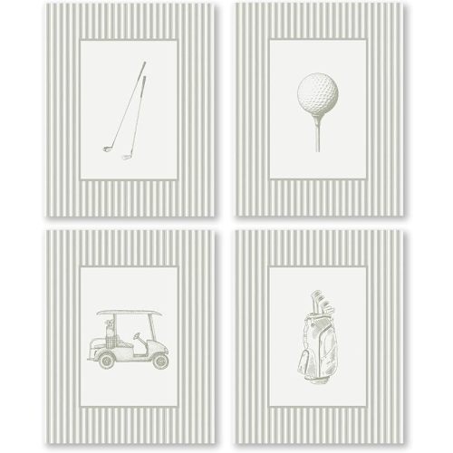 Pleonox Golf Sports Nursery Grey Striped Wall Art Prints 8x10 Inch Set of 4, Sports Nursery Decor, Retro Grey Golf Cart Club Pictures Wall Decor for Kids Boys Room Bedroom Playroom, Unframed