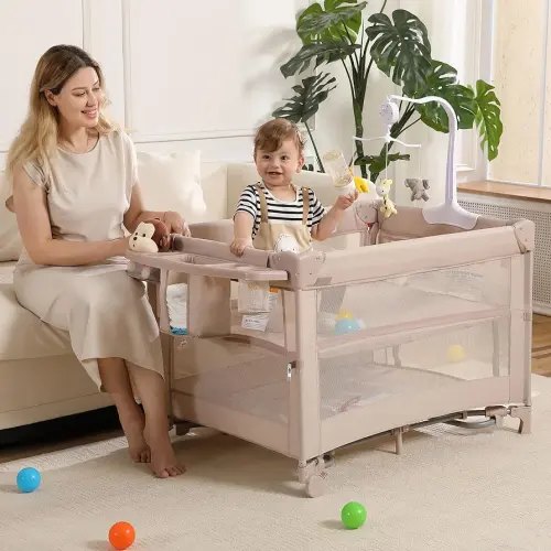 5 in 1 Pack and Play, Portable Travel Baby Bassinet, Foldable Travel Playard Playpen for Toddler, Bedside Crib Sleeper, Diaper Changer Table, Baby Playard for Newborn (Champagne)