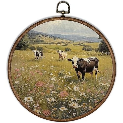 XBBMGG Rustic Cows Wildflower Wall Art Decor, Farmhouse Farm Animal Cow Round Wall Hanging Decor, Spring Country Landscape Framed Canvas Prints for Home Kitchen Bathroom Decorations, 10x10inch