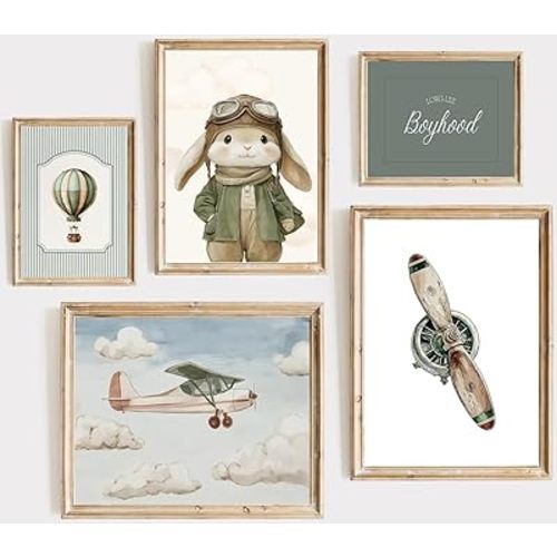 ONEOLTN Vintage Pilot Bunny Nursery Canvas Wall Art Adventure Theme Pictures Baby Boy Room Sage Green Airplane Poster Kids Travel Aviation Prints for Playroom Bedroom Decor 8x10 Inx5pcs Unframed