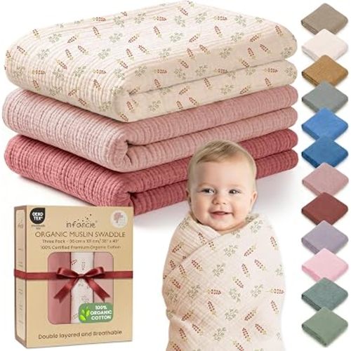 100% Organic Cotton 3 PK Baby Muslin Blanket Girl Gift 38x40 Inch